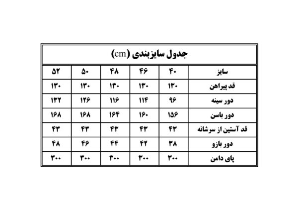 سایزبندی پیراهن کورتای نوع 1
