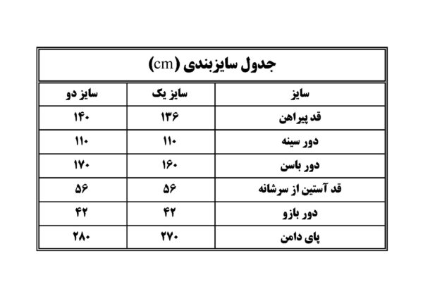 سایزبندی پیراهن دانژه